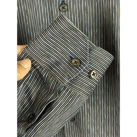 BUGATCHI Ooocotton Tech 8 Way Stretch Long Sleeve Shirt Large‎ Blue Brown Stripe - Picture 7 of 16